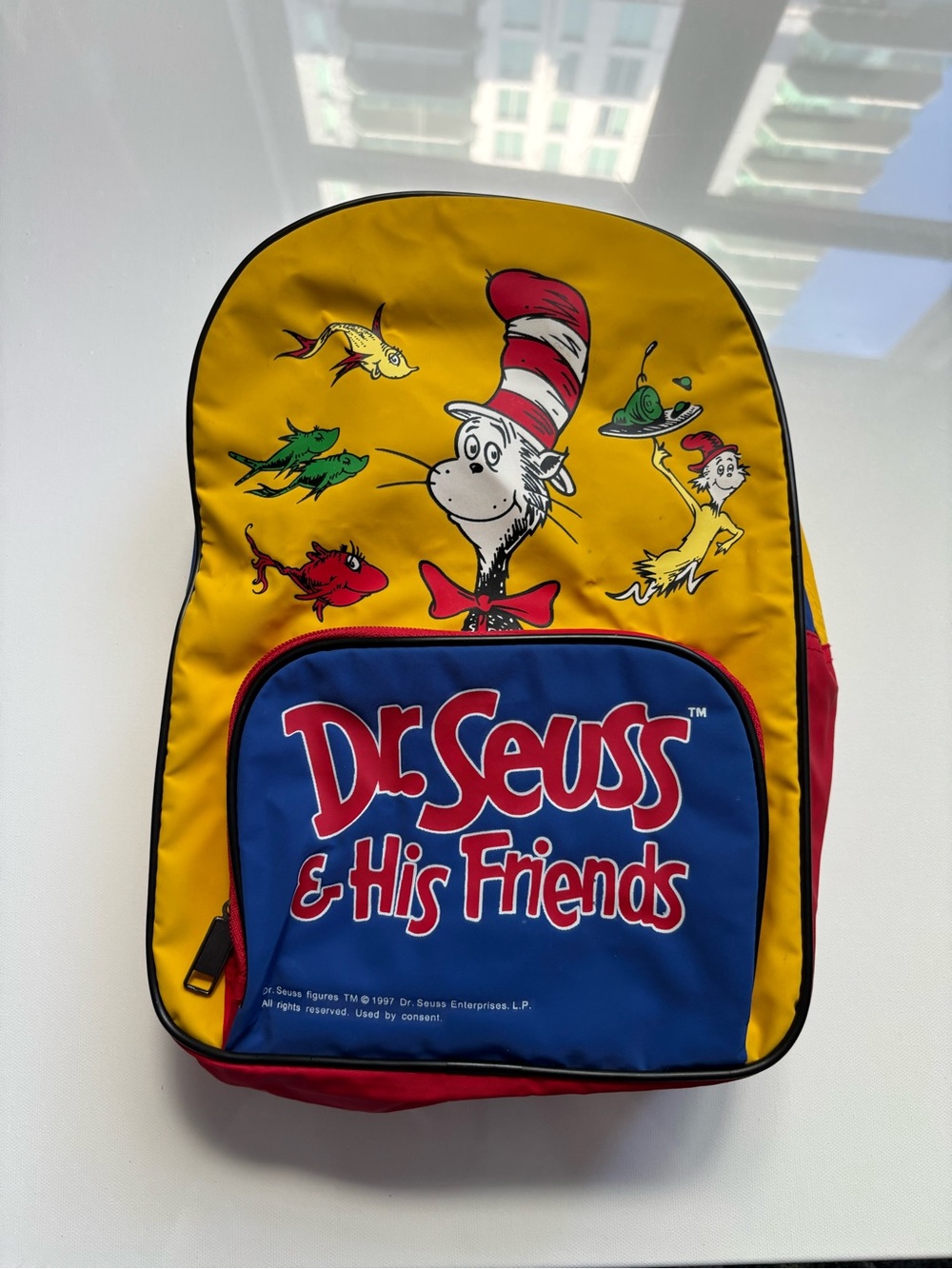 Vintage Dr. Seuss & His Friends Yellow, Red, & Blue Small Backpack Bookbag